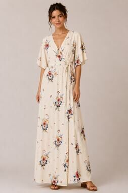 Romantic Ivory Floral Maxi True Wrap Dress XS Coastal Garden Party Boho